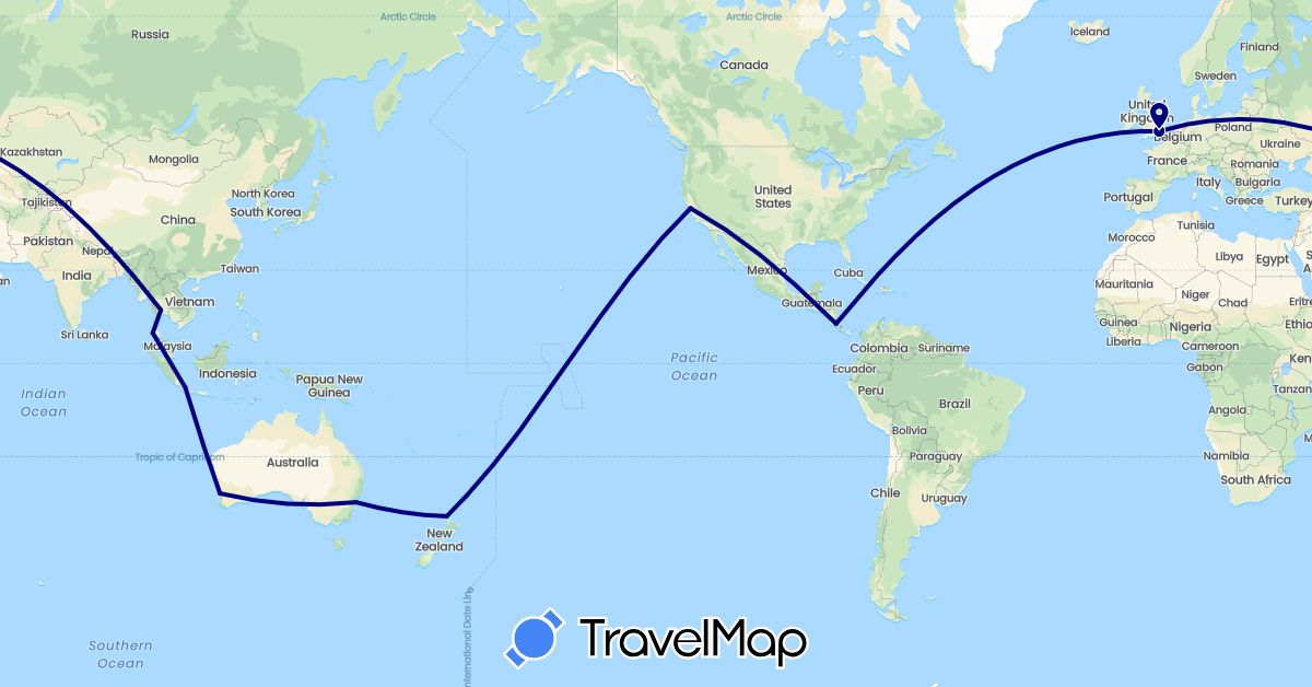 TravelMap itinerary: driving in Australia, Costa Rica, United Kingdom, Indonesia, New Zealand, Thailand, United States (Asia, Europe, North America, Oceania)